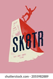 Skater on ramp, SK8TR typography and person riding skateboard on the top of the ramp. Summer sports vintage typography t-shirt print.