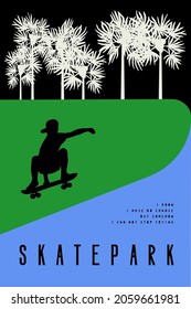 Skater on the ramp stylish skateboarding poster in green blue and black colors. summer sports tropical palms t-shirt print.