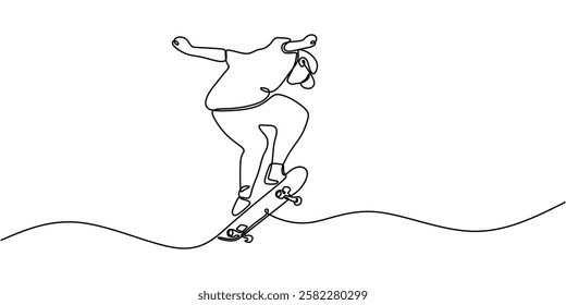 Skater performing a trick on a skateboard in continuous line drawing. Symbol of creativity, balance, and urban freestyle sports. Vector illustration hand drawn.