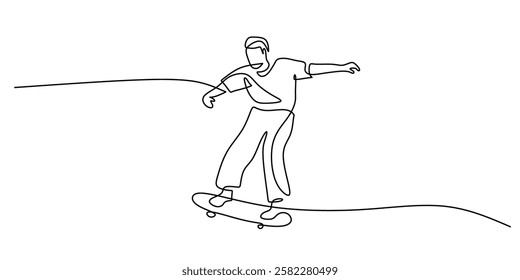 Skater performing a trick on a skateboard in continuous line drawing. Representation of creativity, balance, and extreme sports. Vector illustration hand drawn.