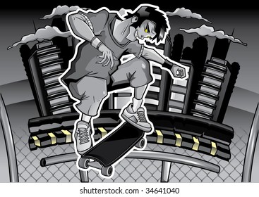 skater performs a trick on the background of evening city black and white