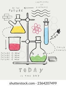 Skater Rebel Science Academia prepare back to school chemistry equipment doodle sketch world future graphic slogan vector artwork