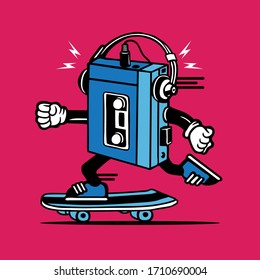 Skater Retro Mobil Music Player Cassette Tape Skateboarding Character Design
