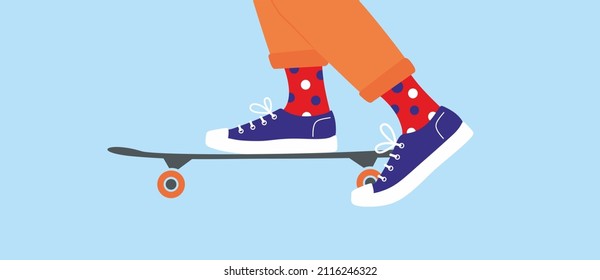 Skater ride on skateboard. Skate park. Legs in sneakers and color print socks. Equipment for skateboarding. Sport lifestyle active leisure. Outdoor activity. Colorful Isolated flat vector illustration