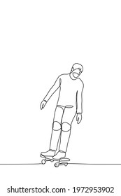 skater riding a skateboard - one line drawing. a man standing on a skateboard