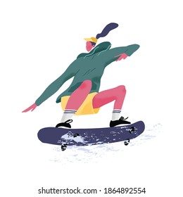 Skater riding skateboard. Skateboarder jumping or tricking on skate board. Summer sports activity. Flat textured graphic vector illustration isolated on white background.