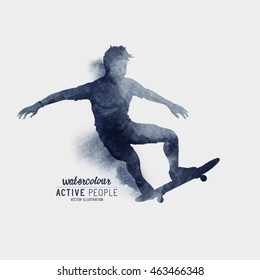 A Skater riding a skateboard. Watercolour vector illustration.