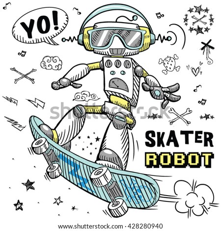 skater robot character design tee graphic