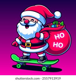 Skater santa. Santa Claus skateboard vector. Santa Claus on a skateboard. Skateboarding kris kringle vector illustration. Cheerful Santa Claus skateboarding on a vibrant purple background. Skater Noel