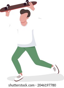 Skater semi flat color vector character. Running figure. Full body person on white. Man holding skateboard. Hobby activity isolated modern cartoon style illustration for graphic design and animation