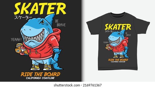 Skater Shark Cartoon, Skater Illustration-with T-shirt Mock Up