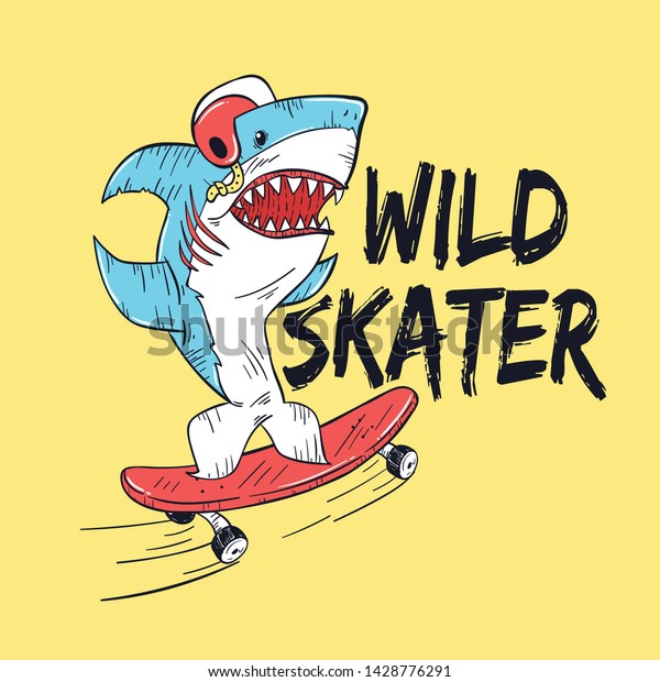 Skater Shark Drawn Vector Kids Fashion Stock Vector (Royalty Free ...