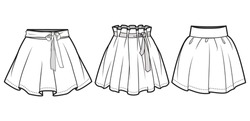 Skater Short Skirt, School Skirt, Paper Bag Waist Skater Skirt Fashion Illustration, Vector, CAD, Technical Drawing, Flat Drawing.