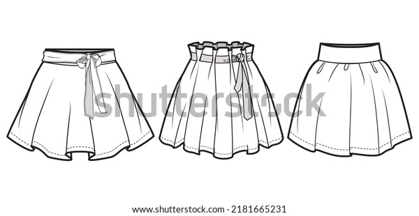 Skater Short Skirt, School Skirt, Paper Bag\
Waist Skater Skirt Fashion Illustration, Vector, CAD, Technical\
Drawing, Flat Drawing.