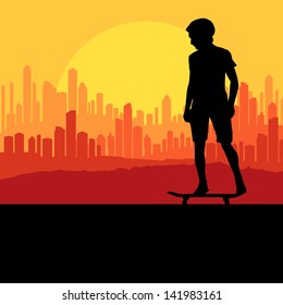 Skater silhouette in front of city landscape vector background