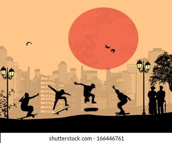 Skater silhouettes in front of city landscape vector background