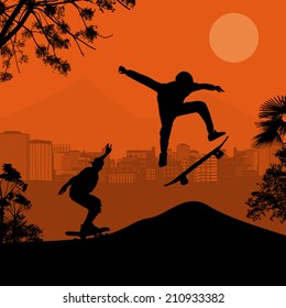 Skater silhouettes in front of city landscape vector background