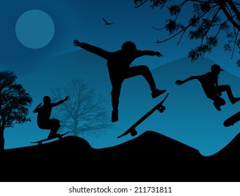 Skater silhouettes on blue sunset, vector background