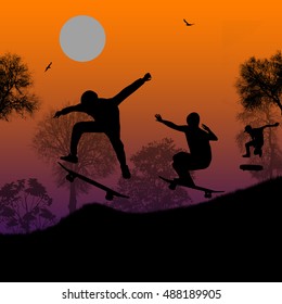 Skater silhouettes on park at beautiful sunset, vector background