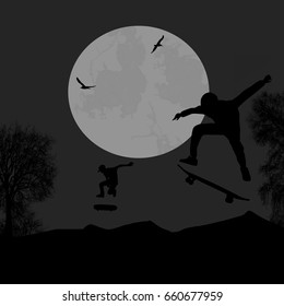 Skater silhouettes on park on grey night, vector background