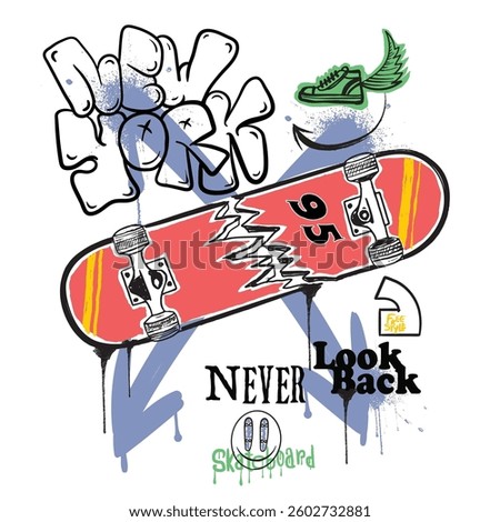 Skater with skateboard. new York graffiti text print design. text with skating. calligraphy skate prints. skete t shirt design. urban skate artwork