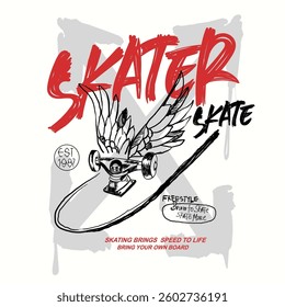 Skater with skateboard. skate t shirt design. graffiti text print design. hand writing font. text with skating. calligraphy skate prints. wing skate urban skate artwork. hand drawn font