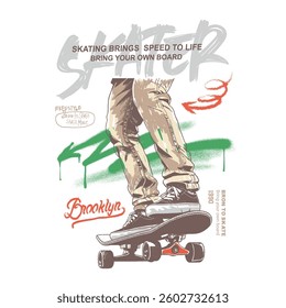 Skater with skateboard. text with skating. Skater graffiti text print design. skate t shirt design. calligraphy skate prints. hand writing font.