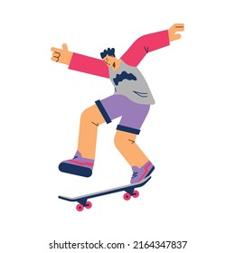 Skater or skateboarder male cartoon character on skateboard, flat vector illustration isolated on white background. Extreme sport athlete, skateboarder.