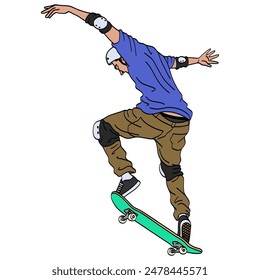 Skater Skateboarder with Skateboarding Safety Gear Making Ollie Trick Drawing Vector Illustration