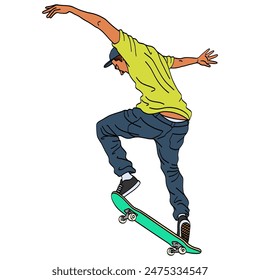 Skater Skateboarding Making Ollie Trick Drawing Vector Illustration