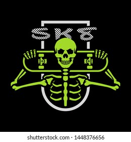 Skater skeleton with a board. Emblem, t-shirt graphics on a dark background.