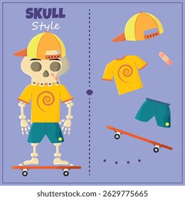 Skater skeleton with props. Vector illustration