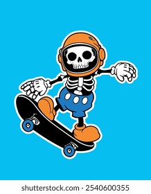 Skater skeleton vector. Dead Skater skull character vector