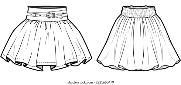 Skater Skirt with Belt, Gathered Waist Circle Short Skirts  Sets Fashion Illustration, Vector, CAD, Technical Drawing, Flat Drawing, Template, Mockup.	