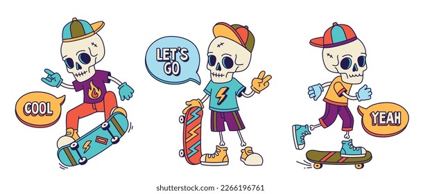 Skater skull characters. Set of cool stickers with skateboarding skeletons. Design elements for posters, social media and clothing prints. Cartoon flat vector collection isolated on white background