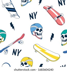 Skater skull seamless pattern. Skateboard, skull, helmet drawing.Fun t-shirt design for kids.Vector illustration design for fashion fabrics, textile graphics, print.