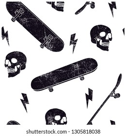 Skater Skull Seamless Pattern. Skateboards And Skull Drawing.Vector Print.
