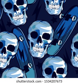 Skater skull seamless pattern.Skull,skateboard drawing.Fun t-shirt design for kids.Vector illustration design for fashion fabrics, textile graphics, print.