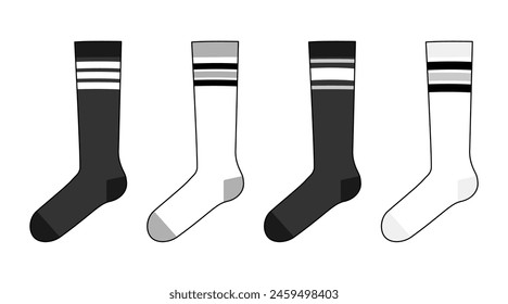 Skater socks set with crew length set. Fashion hosiery accessory clothing technical illustration stocking. Vector front, side view for Men, women, unisex style, flat template CAD mockup sketch outline