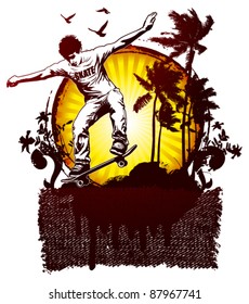 Skater mit Sonnenuntergang und Sommerhintergrund