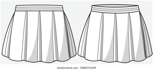 SKATER TENNIS SKIRT WITH BOX PLEAT DETAIL DESIGNED FOR TEEN GIRLS AND KID GIRLS IN VECTOR FILE