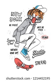 Skater tiger vector illustration for t-shirt prints and other uses.