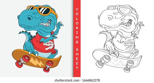 skater t-rex dinosaur cartoon, Coloring sheet