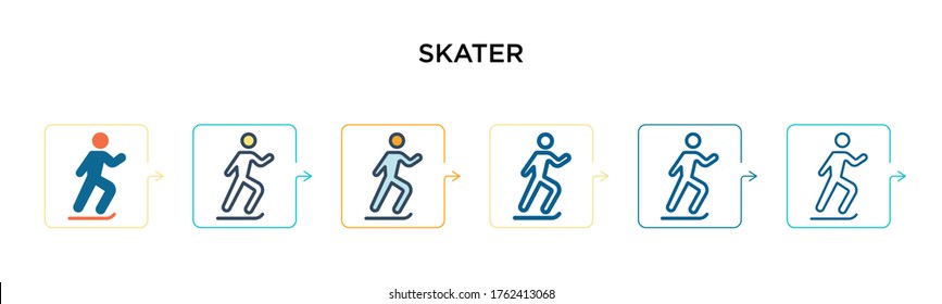 Skater vector icon in 6 different modern styles. Black, two colored skater icons designed in filled, outline, line and stroke style. Vector illustration can be used for web, mobile, ui