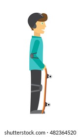 Skater vector. Man character in helmet, elbow, knee protection with skateboard. Sports and activities equipment flat illustration. For sport concepts, stores ad, icons or web design. Isolated on white