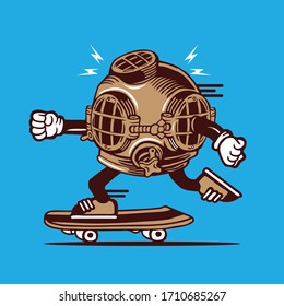 Skater Vintage Diver Helmet Skateboarding Character Design