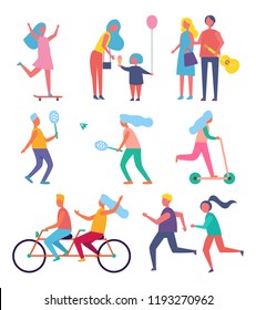 Skater woman and family isolated icons vector. Mother and child eating ice cream dessert. People playing tennis, riding bicycle and jogging together