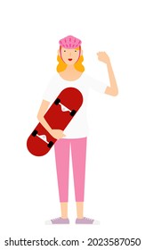 Skater woman holding skateboard with smile