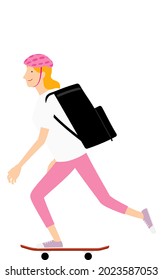 Skater woman skating with delivery bag on her back