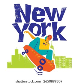 Jovem patinador na cidade de Nova York isolado em branco. Jovem com roupas esportivas casuais no skate saltando e andando de skate. Amo Nova York texto lettering ilustração vetorial